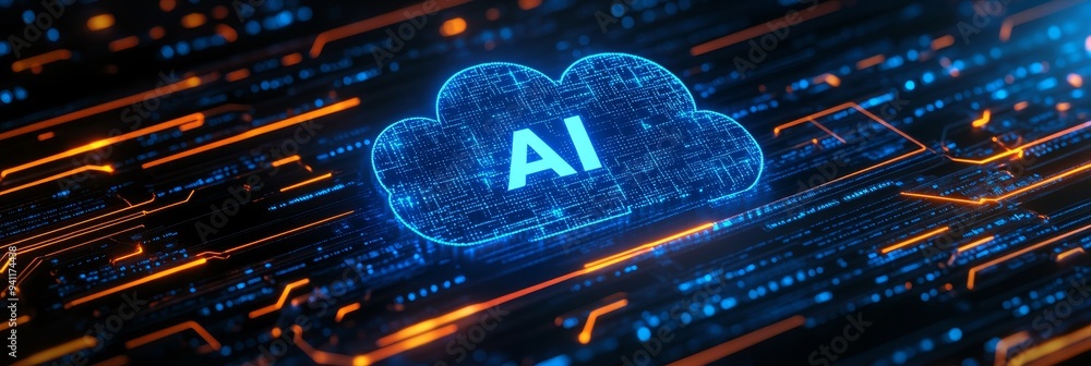 Aufkleber blue glowing ai cloud over circuit board artificial intelligence and cloud computing concept