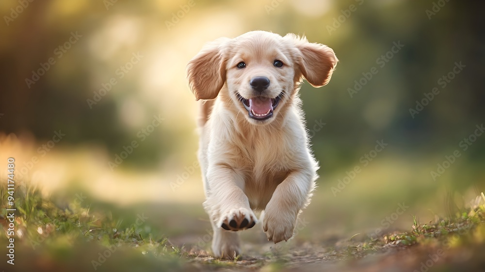 Poster energetic golden retriever puppy dashing towards with its ears flapping playfully creating copy spac