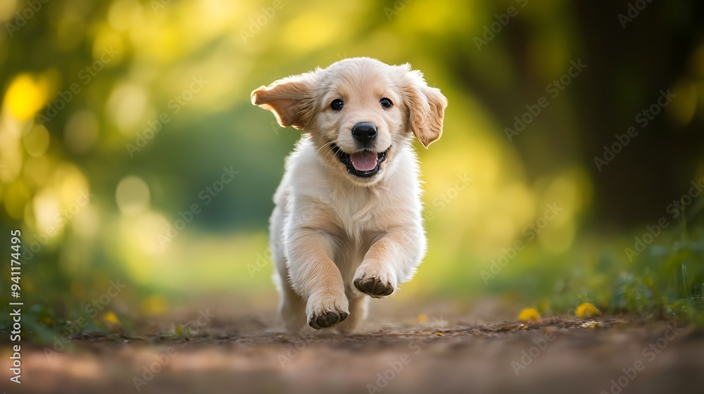 Poster energetic and playful golden retriever puppy running enthusiastically towards the with its ears flap