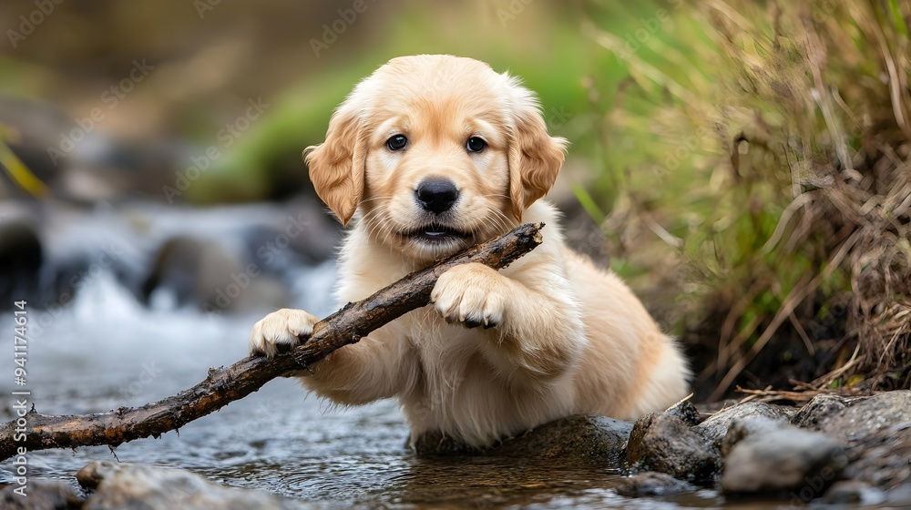 Poster cheerful golden retriever puppy chewing on a stick by a small flowing stream in a lush green meadow 