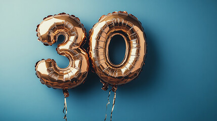 Golden foil balloon shaped as 30 thirty number year date against creative mockup background