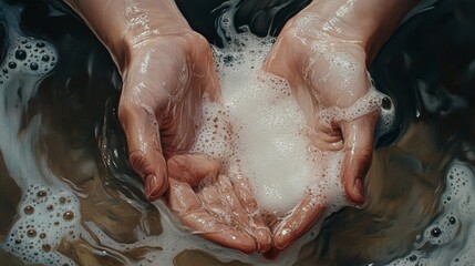 Fototapeta premium Close-up of hands being washed with foamy soap bubbles, emphasizing the importance of cleanliness and hygiene, symbolizing purity and protection against germs.