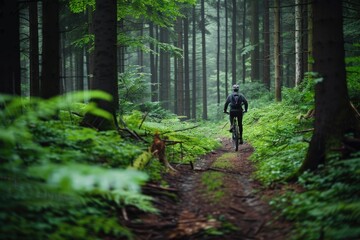 A person rides a bicycle down a forest path with trees and foliage surrounding them