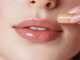 A closeup of a woman s lips with a slight sheen as she applies a layer of lip balm, highlighting the transition from dry to hydrated, smooth lips