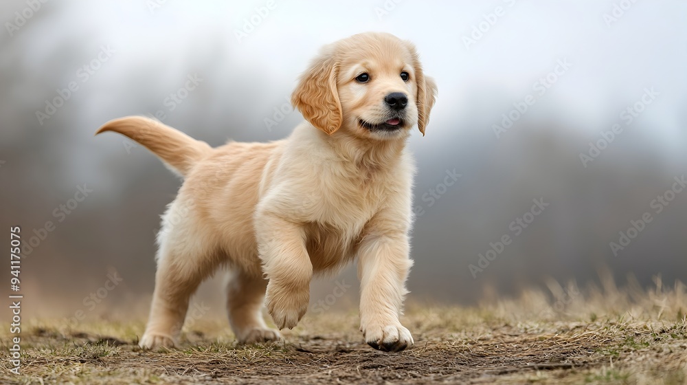 Poster adorable and energetic golden retriever puppy wagging its tail while standing on a serene grassy hil