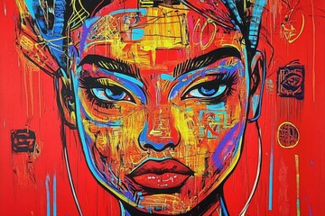 An abstract painting showcasing vibrant colors and patterns on a red background. The image is filled with energetic brush strokes and creative expressions, representing vivid imagination.