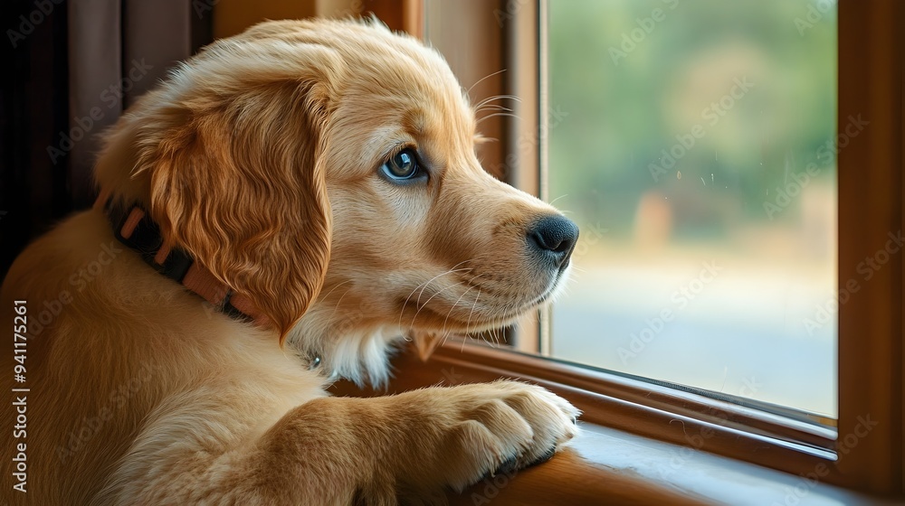 Poster excited and curious golden retriever puppy gazing with wonder through a window offering ample copysp