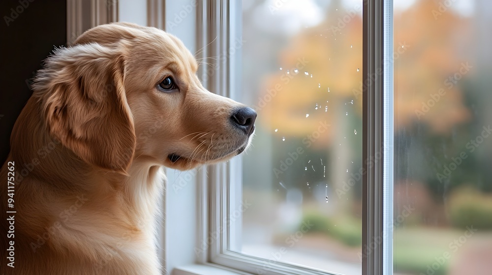 Poster adorable golden retriever puppy eagerly looking out a window with copy space for text or design the 