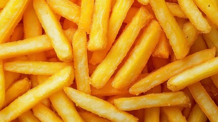 A close-up view of crispy and golden-yellow French fries piled together, highlighting their appetizing and evenly cooked texture that makes them a popular snack worldwide.