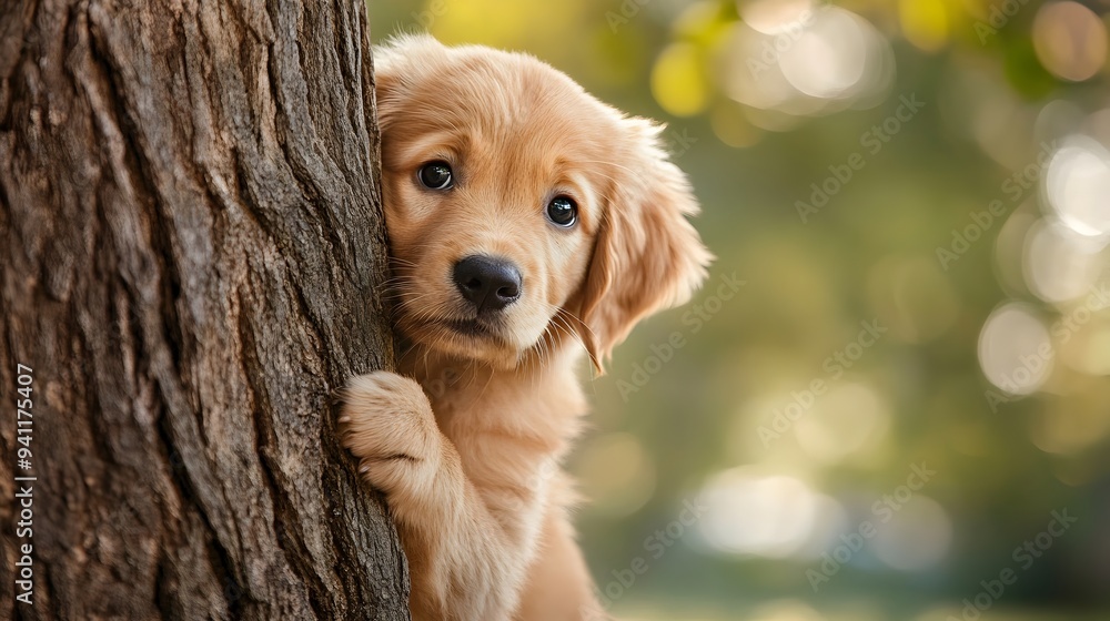 Poster adorable and curious golden retriever puppy peeking out from behind a lush green tree in a tranquil 