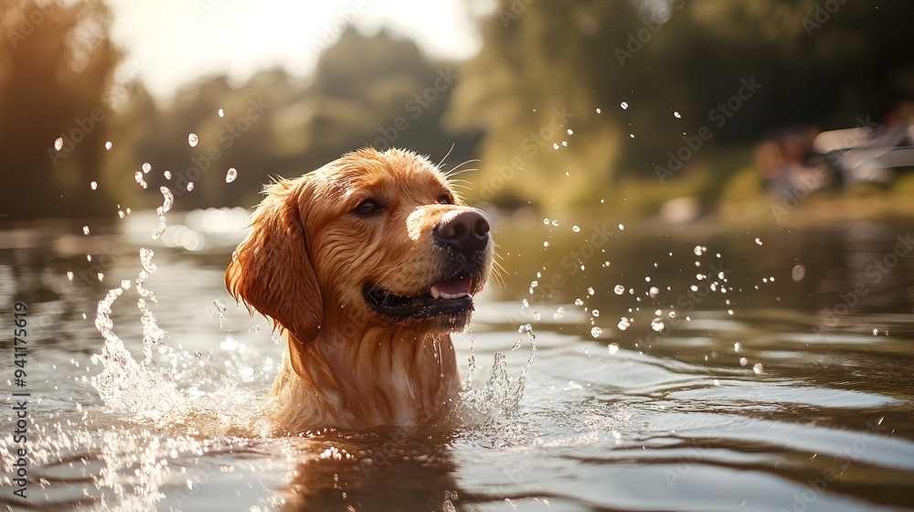 Poster friendly golden retriever dog swimming and splashing in a serene lake with ample copy space for text