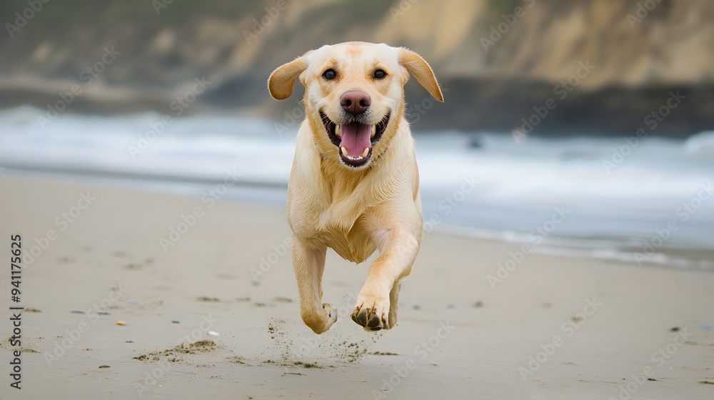 Poster a labrador retriever dog running joyfully and energetically on a sunny beach by the ocean with copy 