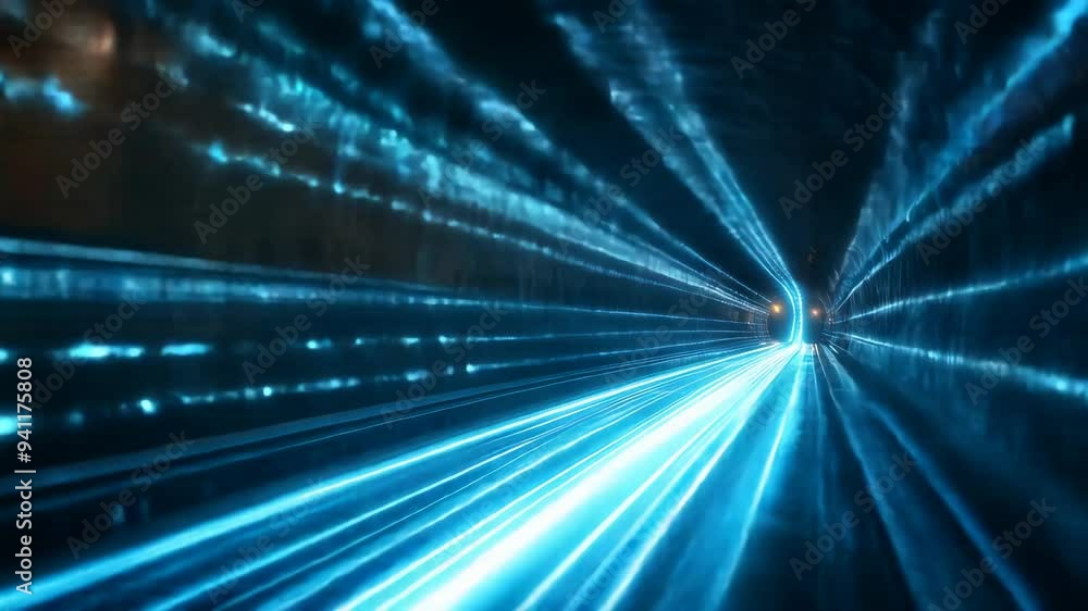 Poster fast movement of glowing lines in a tunnel, creating the effect of high-speed flow and future techno