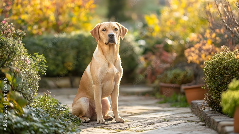 Poster a well trained and obedient labrador retriever dog sitting attentively in a beautiful garden setting