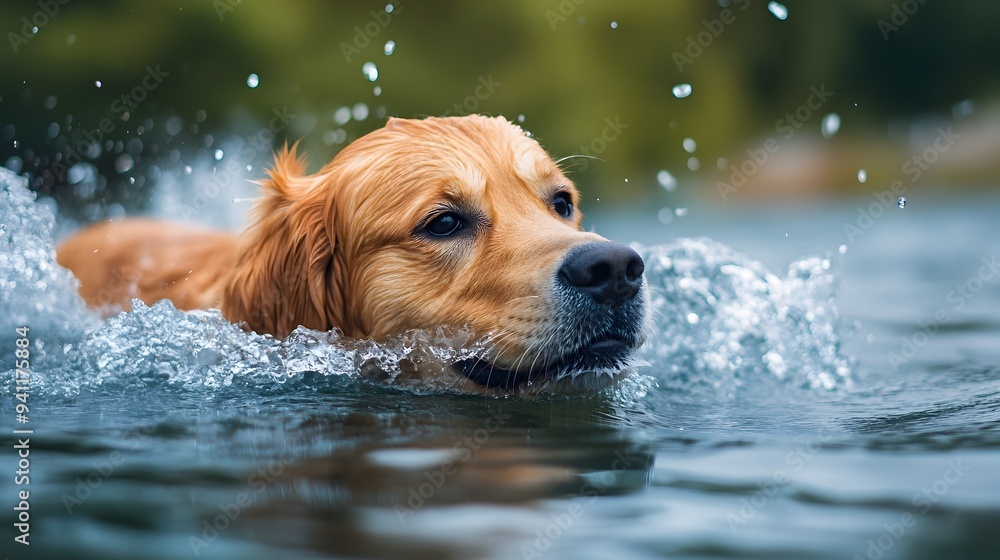 Poster energetic golden retriever puppy joyfully splashing and swimming in a tranquil lake with ample copy 