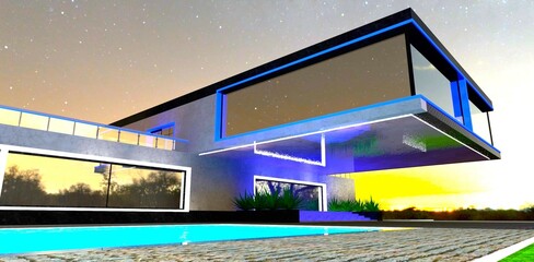 Night view of the overhanging cantilever of the second floor of a modern cottage with blue lighting on exterior elements. 3D rendering.