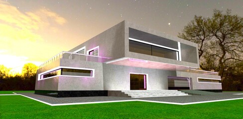 Night view of an intriguing property with a facade finished in white Carrara marble. 3D rendering.