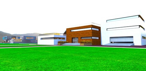 Recent development in undeveloped areas of South Carolina. Two modern cottages located next to each other on a beautiful green meadow. 3D rendering.