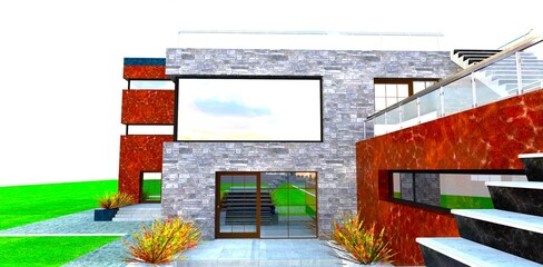 Patio exit of a cozy cottage. Walls finished with red marble and gray decorative stone. Glass entry doors. 3D rendering.