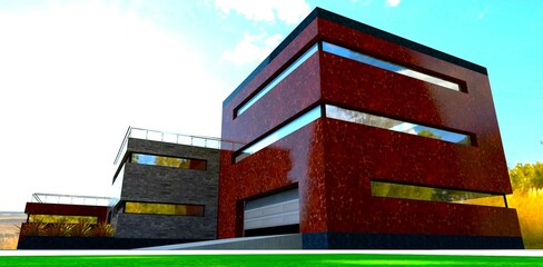 Red decorative marble shimmers with extraordinary colors in the sunlight. Advanced cottage in the suburbs of Boston. 3D rendering.