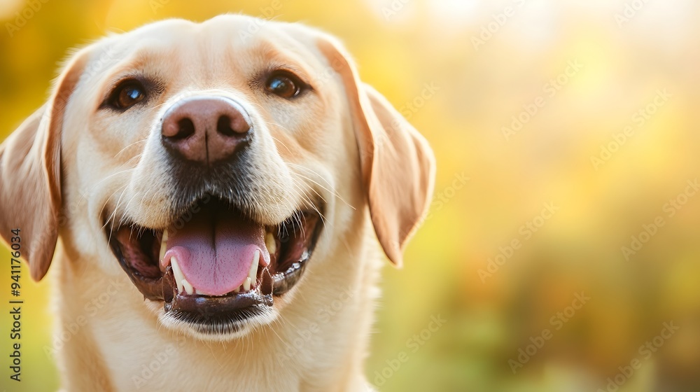 Poster a close up portrait of a cheerful and friendly labrador retriever dog with a happy affectionate faci