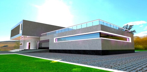 The bright Greek sun illuminates the facade of a high-tech cottage finished with white Carrara marble. 3D rendering.