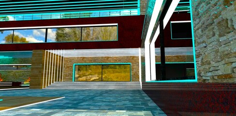 The design of the main entrance to a suburban luxury hotel features illuminated elements of red granite and natural stone cladding. 3D rendering.