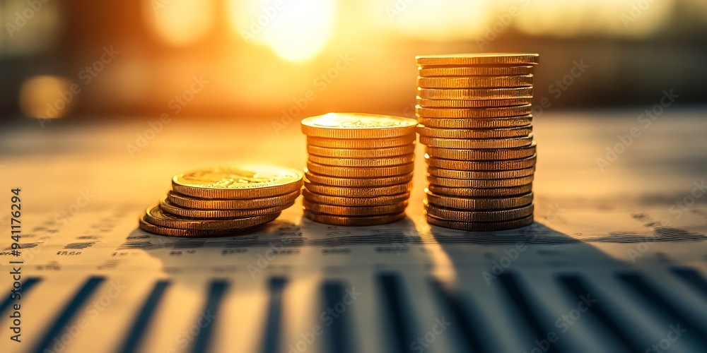 Poster close-up image of stacked coins on a financial spreadsheet illuminated by sunlight, symbolizing inve
