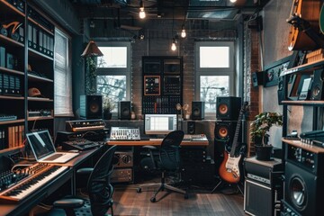 Fototapeta premium Music studio scene with keyboard, monitor, and other instruments