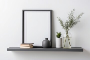 A grey shelf with a framed picture, vase, plant and books