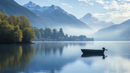 Obraz premium A small boat sits still on a calm lake, with mountains in the background.