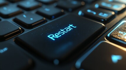 A close-up shot of a keyboard featuring an illuminated 'Restart' key with a vibrant blue light, representing the concept of beginning anew or refreshing a technological process.