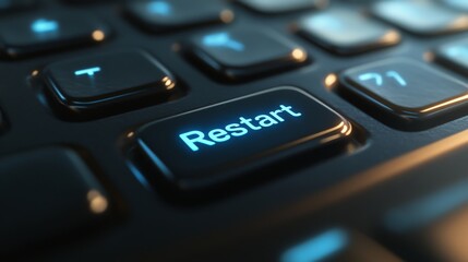 A close-up view of a black keyboard showing the 'Restart' button, illuminated by a soft blue light, highlighting the importance of restarting functions in technology.