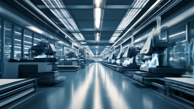 Modern production line with robots and lighting symbolizing technological innovation