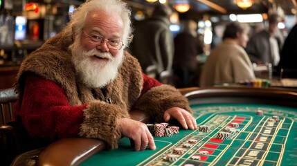 Smiling Santa Claus Enjoying Night, Placing Bets, Playing Roulette, Trying Luck at Casino Game.