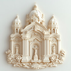 Obraz premium 3D bas-relief of a Catholic church close-up in vanilla and beige tones. Religion and inspiration. Resource, sketch, template for creativity, creative interior decor, exterior facade decor, printing on