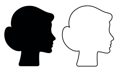 Female head profile icon. Black shadow, silhouette of a person's face, black and white avatar of a person. Head outline.