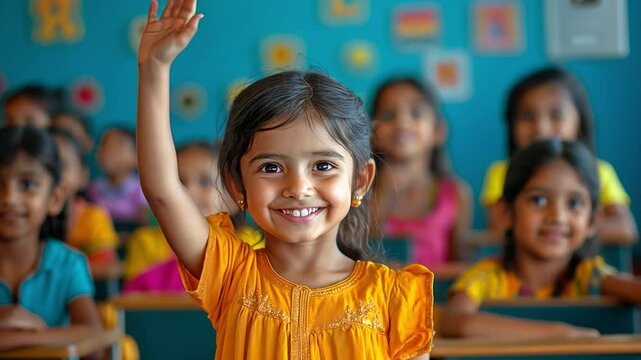 Cheerful young students actively participating in a classroom setting, eagerly raising their hands to answer questions. 