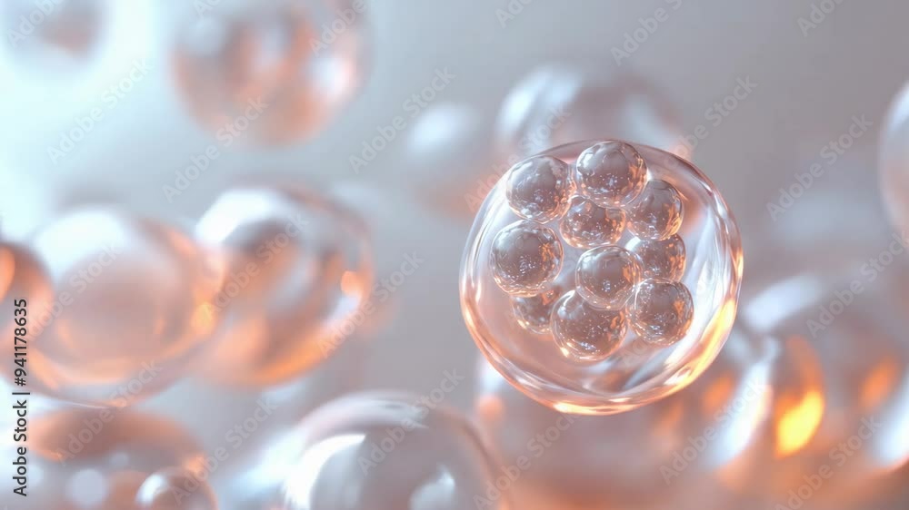 Poster 3d rendering of transparent cells with a glowing orange nucleus floating in a soft environment