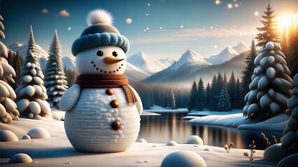 Fototapeta premium Snowman in a Winter Forest with Mountains and River, Empty Space on the Right