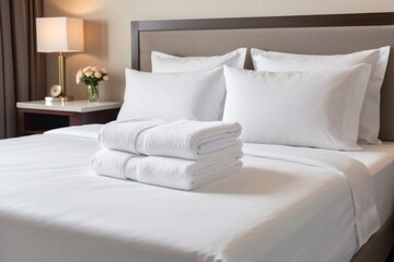 Folded white towels on a pristine white bed in a hotel room