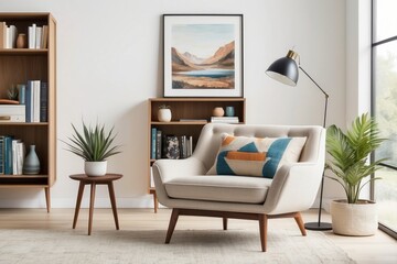 Modern Living Room with Armchair, Bookcases, and Floor Lamp