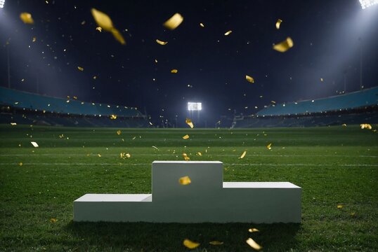 A winner podium on a lush green field, illuminated by stadium lights, with golden confetti falling from the night sky celebrating victory
