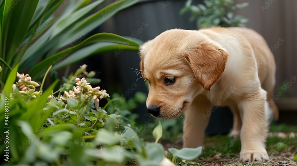 Poster Adorable and curious Golden Retriever puppy investigating a vibrant garden filled with greenery flowers and leaves with ample copy space for text overlay or additional design elements