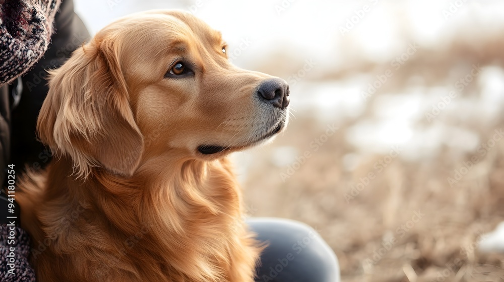 Poster a golden retriever sitting obediently next to its owner in a peaceful outdoor setting with ample cop