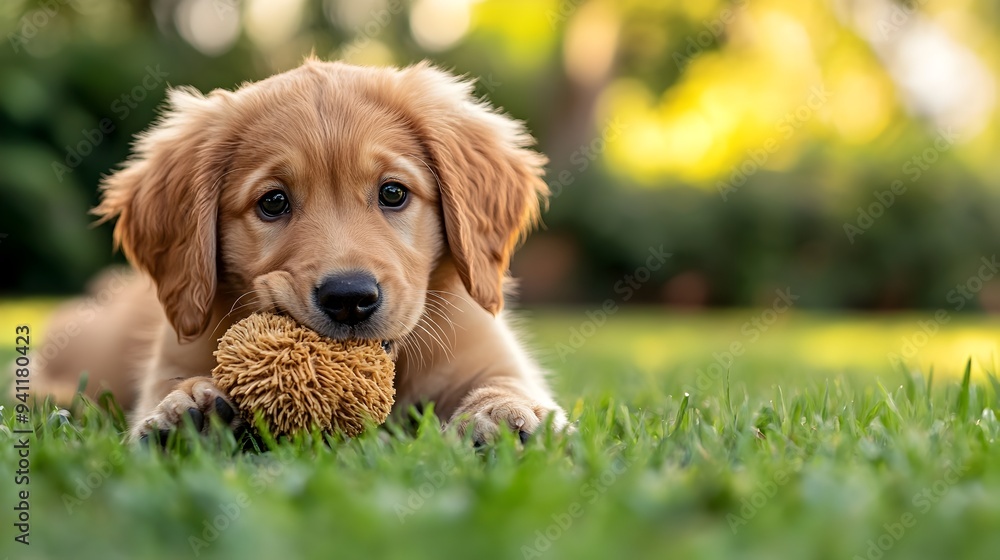 Poster adorable and playful golden retriever puppy joyfully playing with a chew toy romping and frolicking 