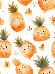A seamless pattern background featuring watercolor ananas in kawaii style, with animated gifs. The design includes light orange and light brown tones