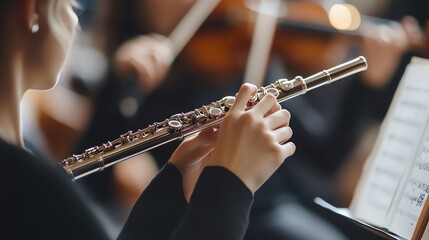 A woman plays the flute in an orchestra.