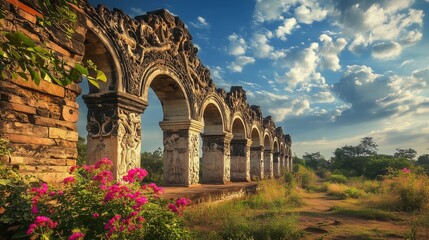 Fototapeta premium Ancient stone arches with floral carvings stand against a blue sky, inviting tales of history.