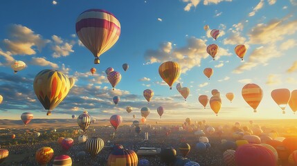Obraz premium Colorful hot air balloons ascend into a blue sky filled with clouds at sunrise.